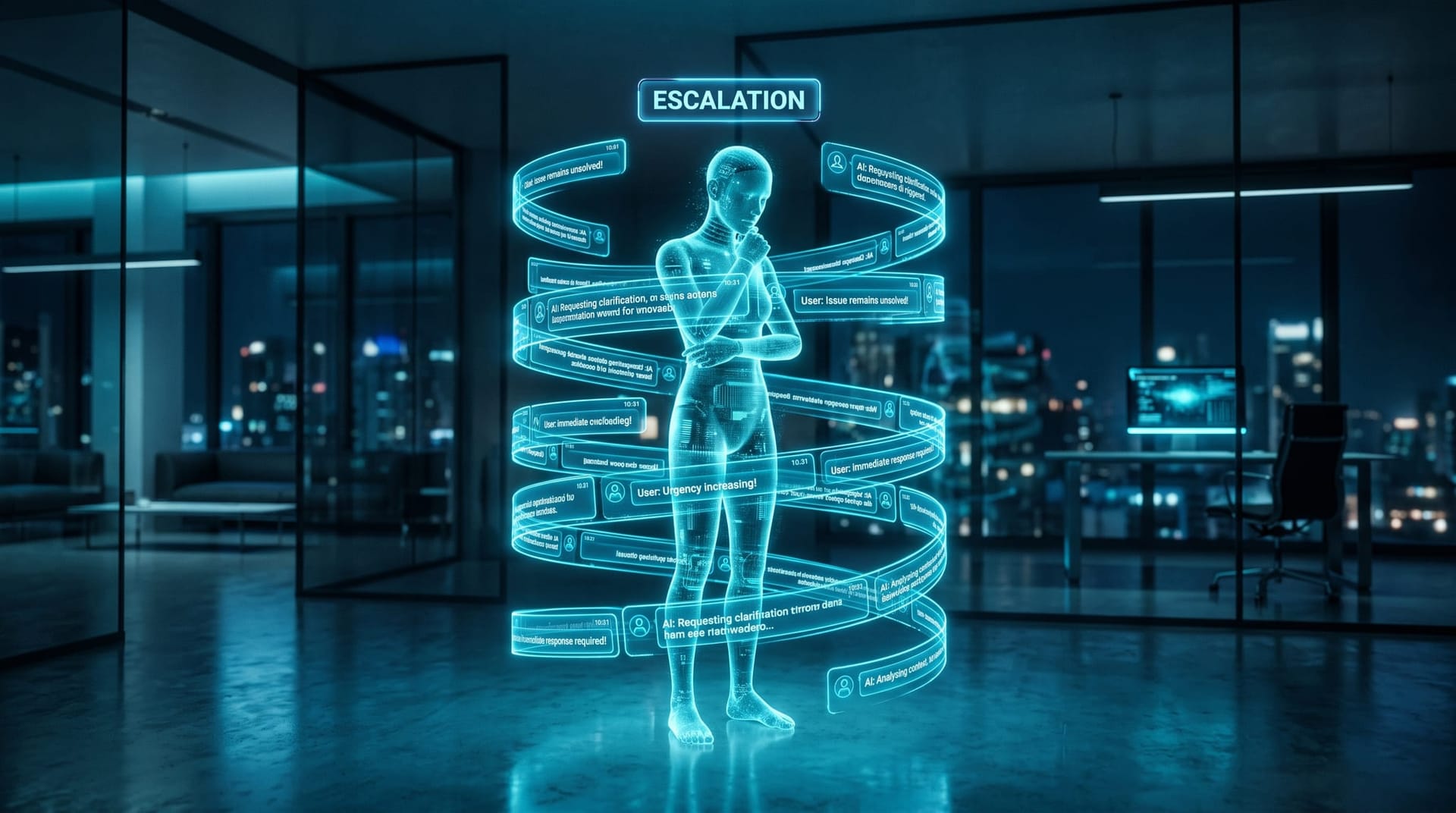 Translucent cyan holographic AI avatar bending under a spiraling stream of conversation bubbles, illustrating multi-turn adversarial pressure on an AI model