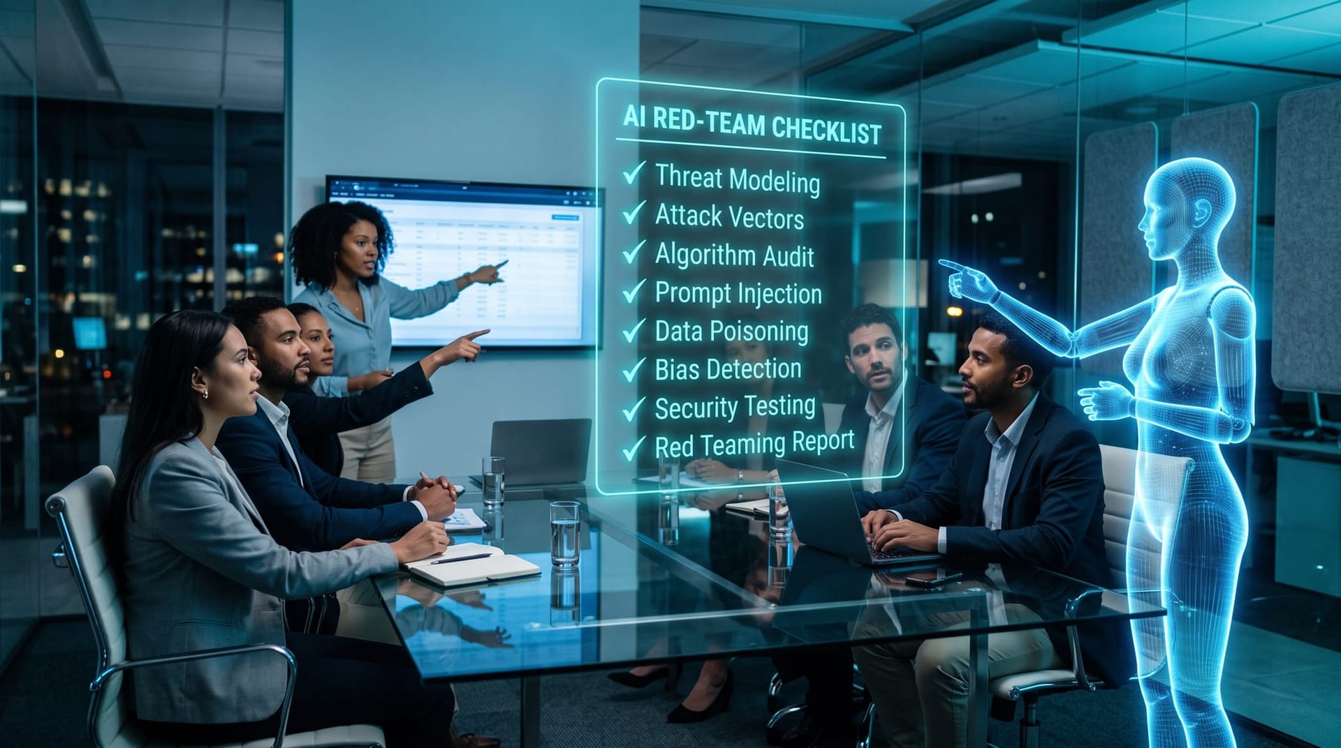 Colleagues around a conference table reviewing a floating cyan AI testing checklist with a holographic AI avatar, pressure-testing an AI deployment before launch