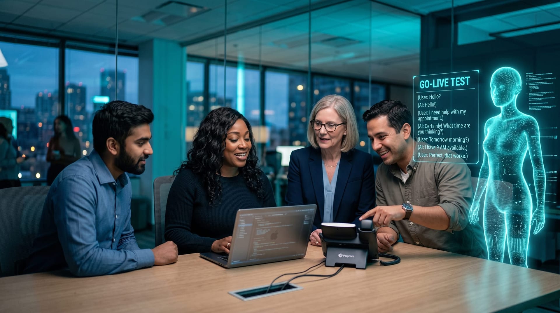 Small Northeast Indiana business team testing an AI phone agent at a desk while a translucent cyan holographic AI avatar shows a conversation transcript panel