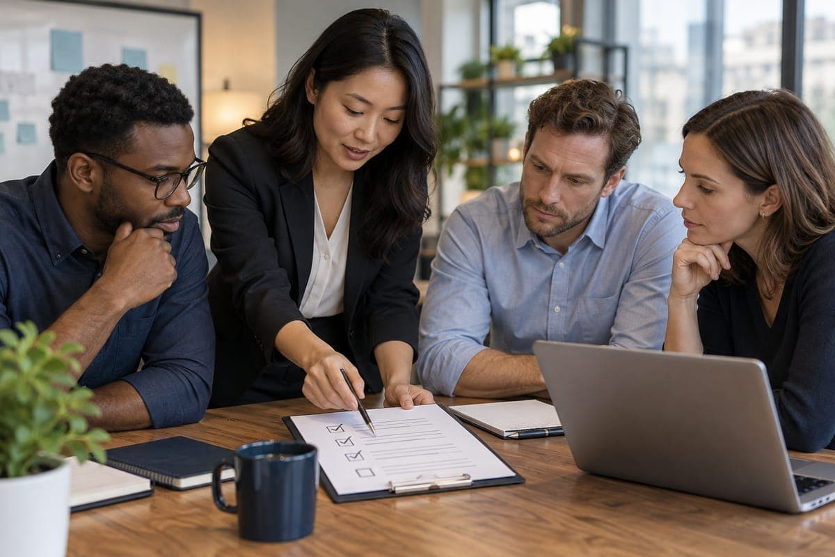 Team reviewing a launch approval checklist