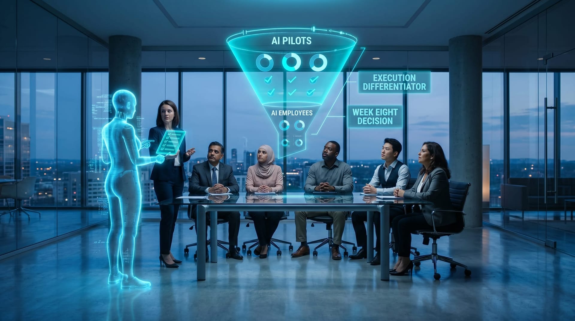 Diverse NE Indiana operations leadership team studying a floating cyan holographic pilot-to-production funnel as a translucent AI humanoid hands a digital checklist to the operations director.