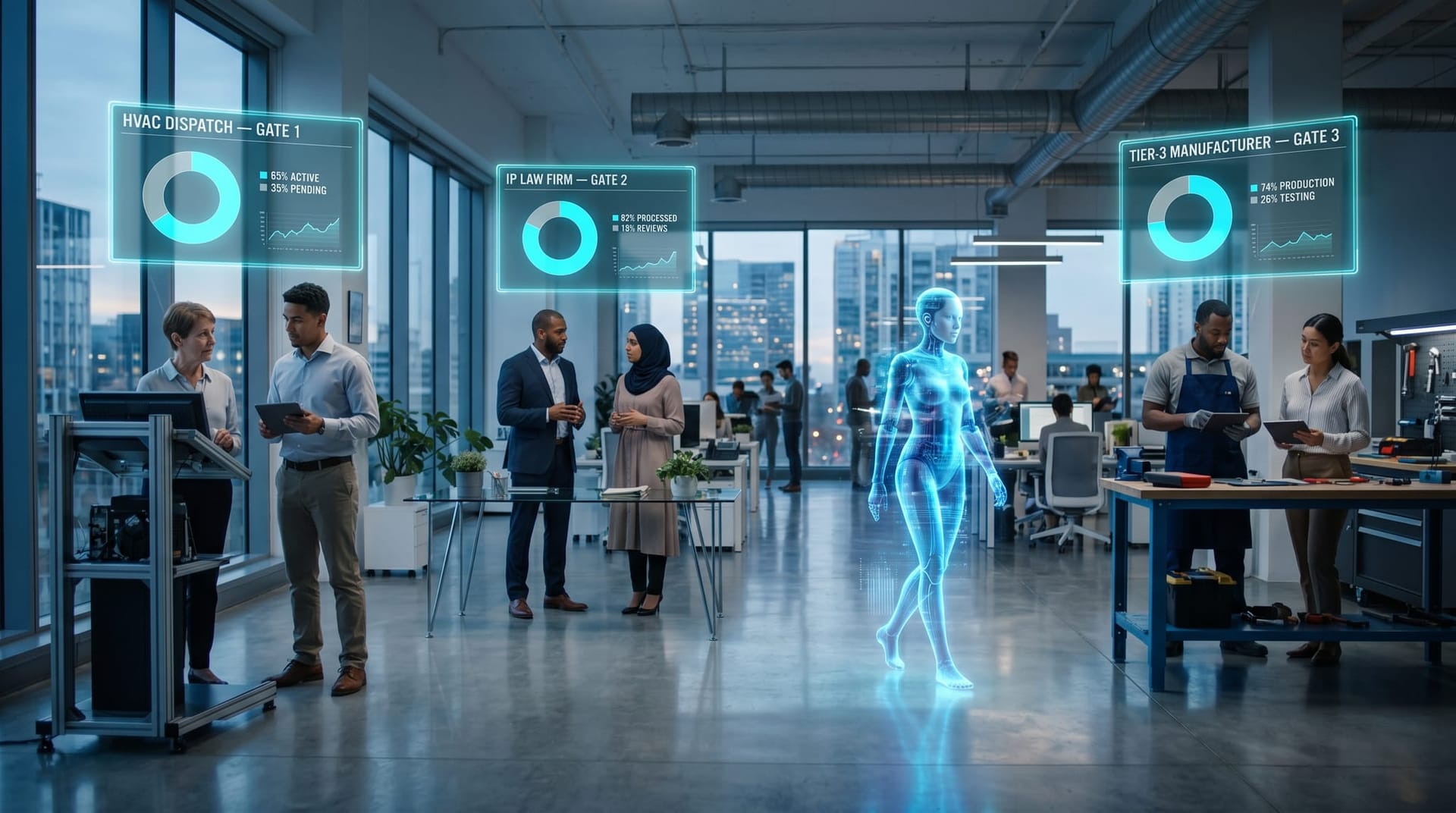 Three small NE Indiana business archetype clusters — HVAC dispatch, IP law firm, and tier-3 manufacturer — each beside a floating cyan holographic gate panel as a translucent AI humanoid walks between them.