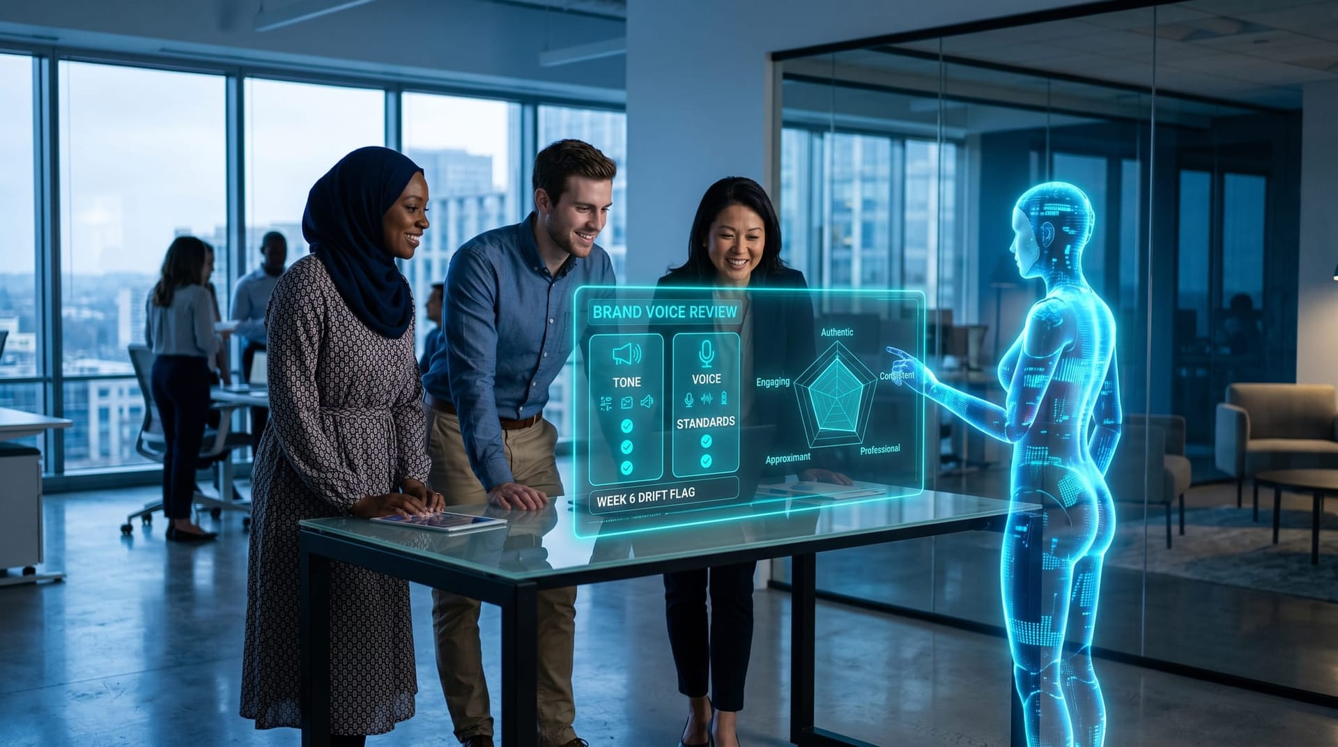 Floating cyan holographic brand voice consistency panel reviewed by a diverse marketing and operations team as a translucent AI humanoid annotates the brand-style scorecard.