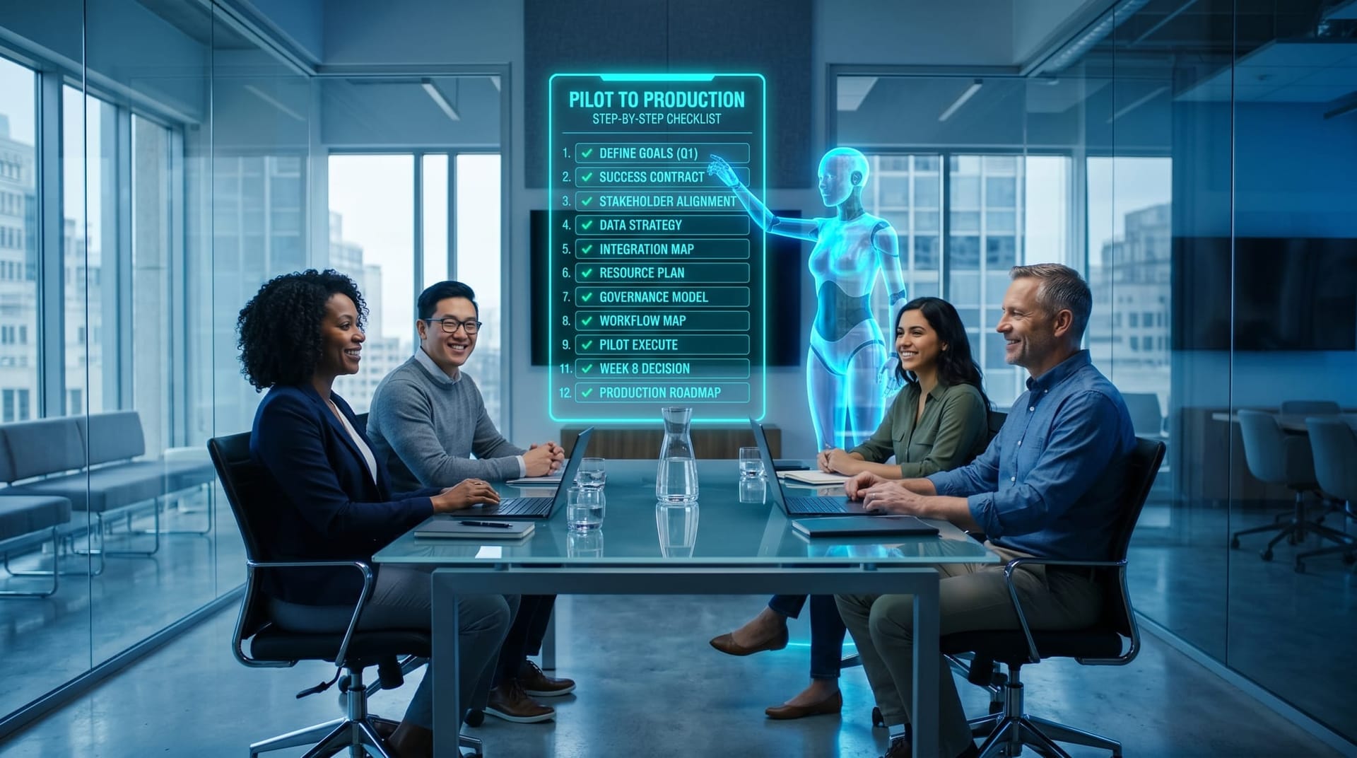 Floating cyan holographic twelve-item checklist suspended above a conference table as a diverse mid-market team checks off items with a translucent AI humanoid standing beside the list.