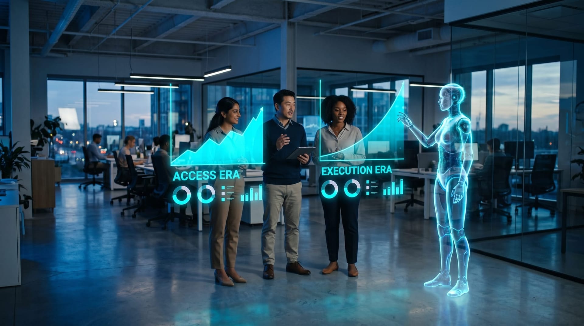Two cyan holographic charts side by side compare a steep early access curve to a steep later execution curve as a translucent AI humanoid presents the shift to a small office team.