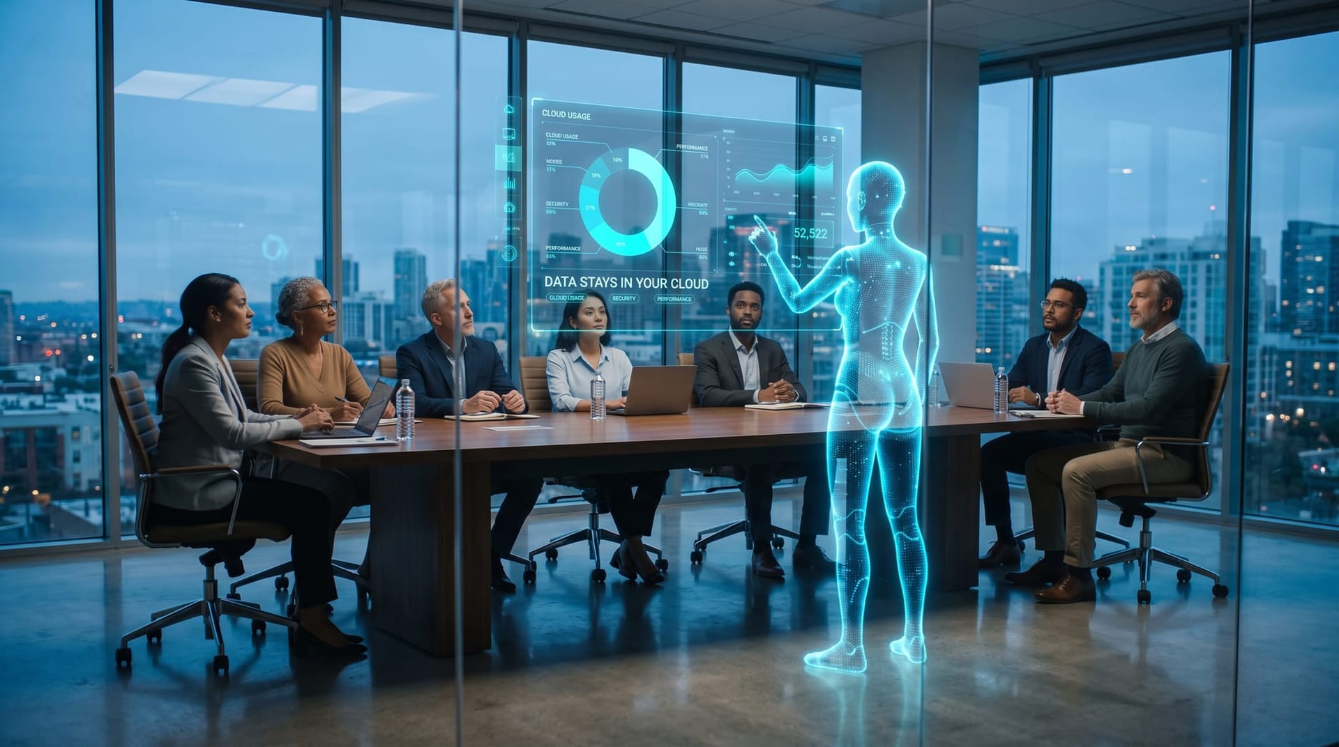 Translucent cyan AI avatar shows a regulated-firm team a data-residency dashboard proving monitoring data stays in their own cloud