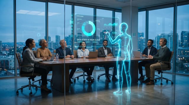 Translucent cyan AI avatar shows a regulated-firm team a data-residency dashboard proving monitoring data stays in their own cloud