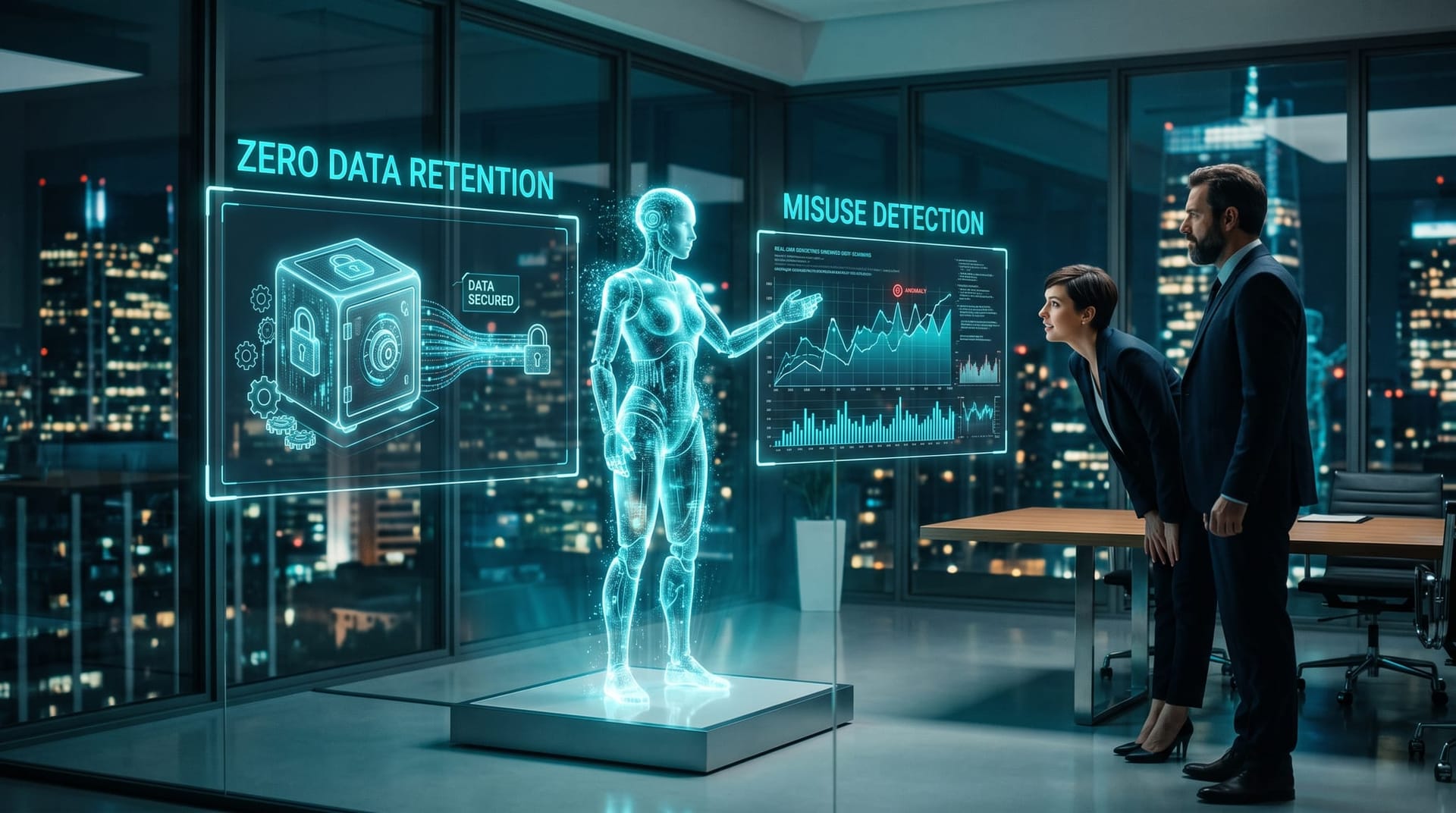 Holographic AI avatar splits a glowing interface into a data-residency vault and a misuse-detection scanner for an enterprise safeguards demo