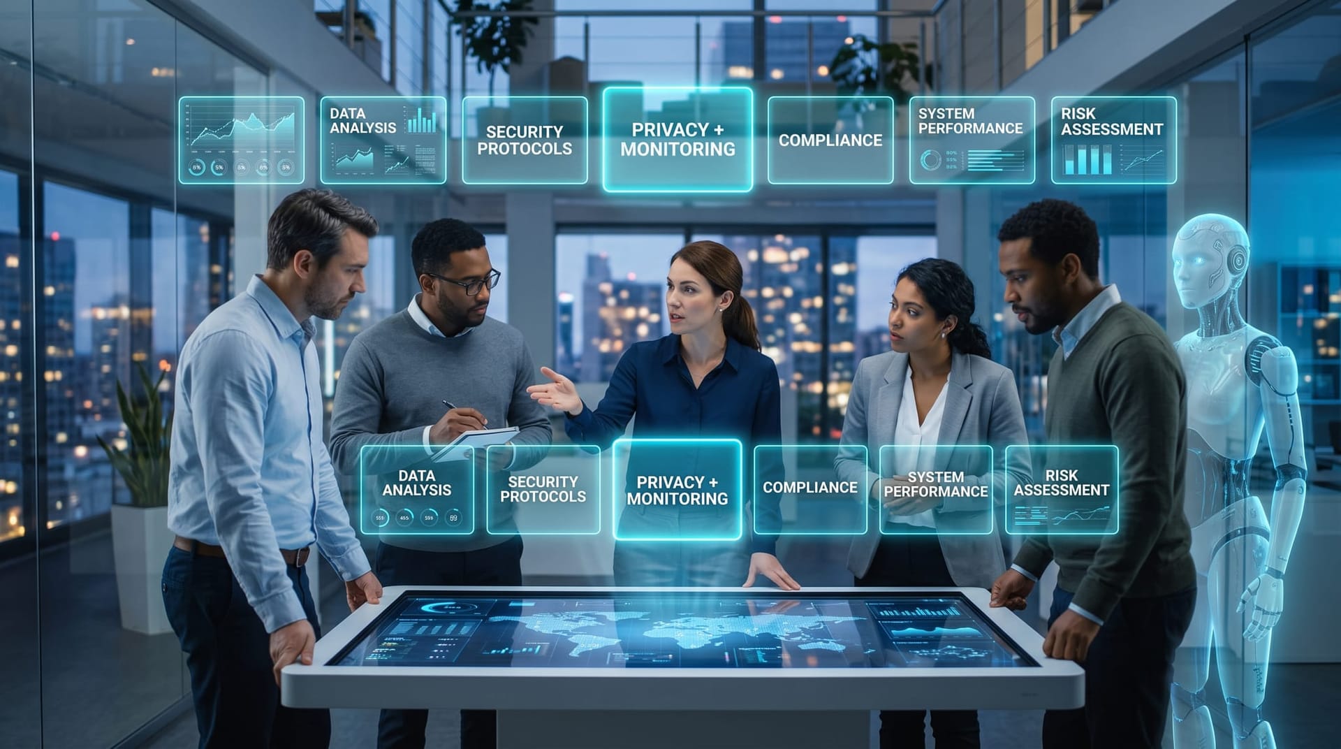 Business team compares AI deployment options on floating cyan panels weighing data control against monitoring for a regulated firm