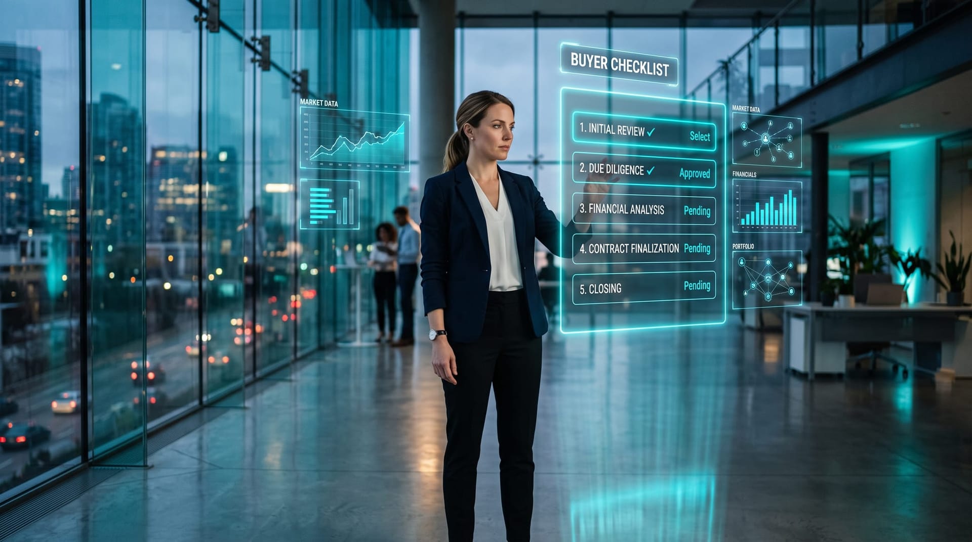Professional reviews a floating buyer's checklist of five AI data-governance demands projected in cyan holographic panels in a glass office