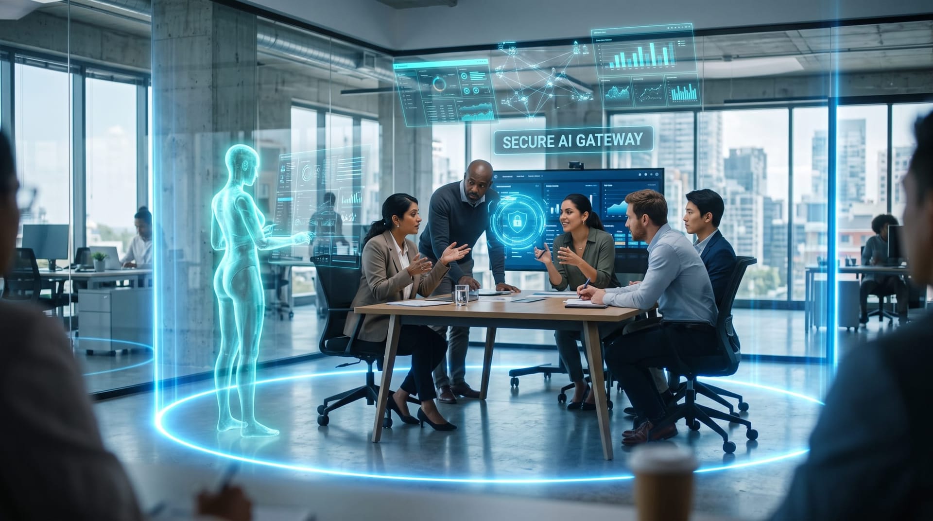 Secure AI gateway visualized as a glowing cyan policy perimeter around a team and their AI Employee avatar in a Northeast Indiana office