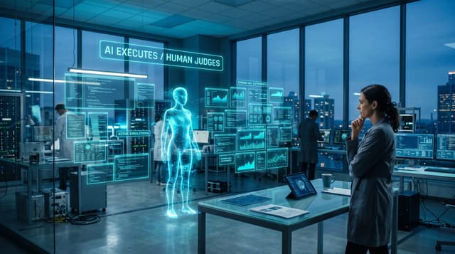 Holographic AI avatar running hundreds of experiments while a human researcher makes the final judgment call, showing the AI research judgment gap