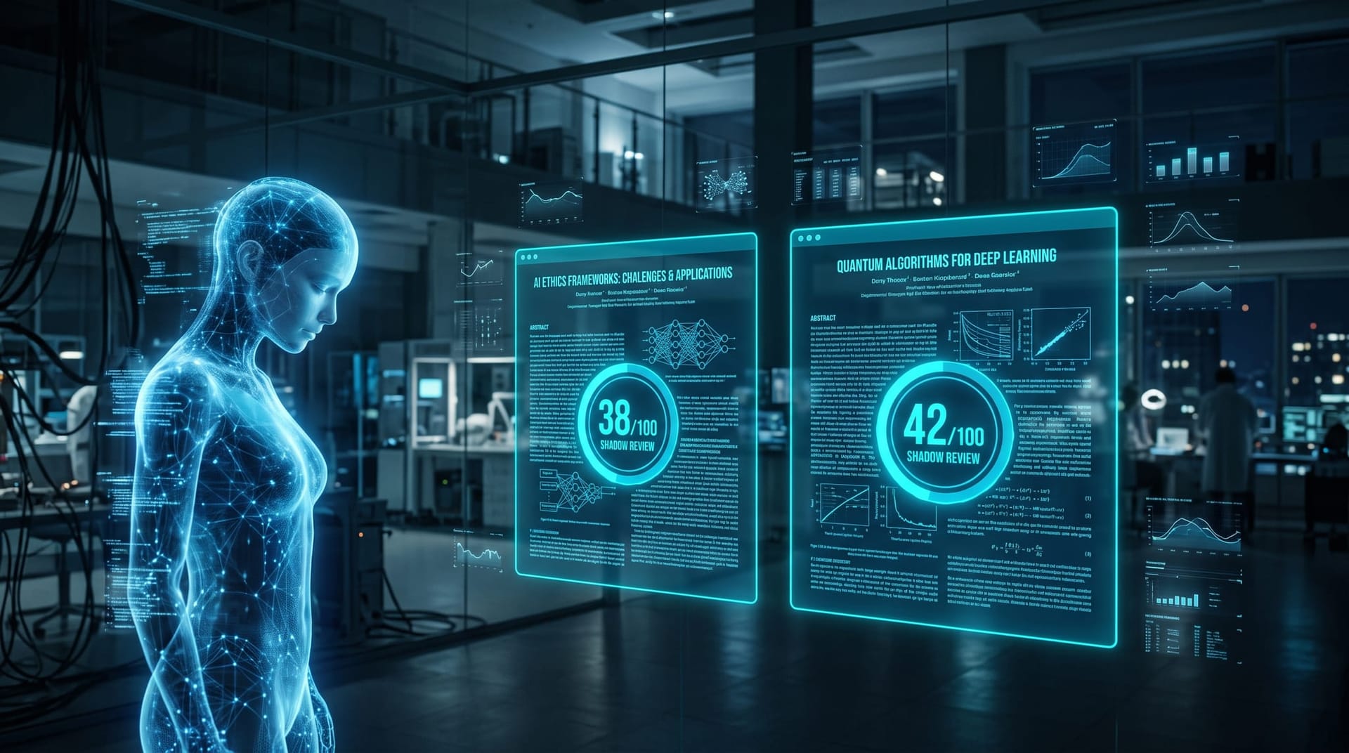 Holographic panels showing two AI-written research papers stamped with low review scores in a cool-lit lab, illustrating the rejected papers
