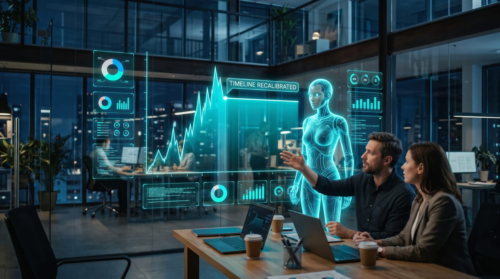 A holographic timeline flattening out to show recursive self-improvement forecasts being tempered by new research evidence