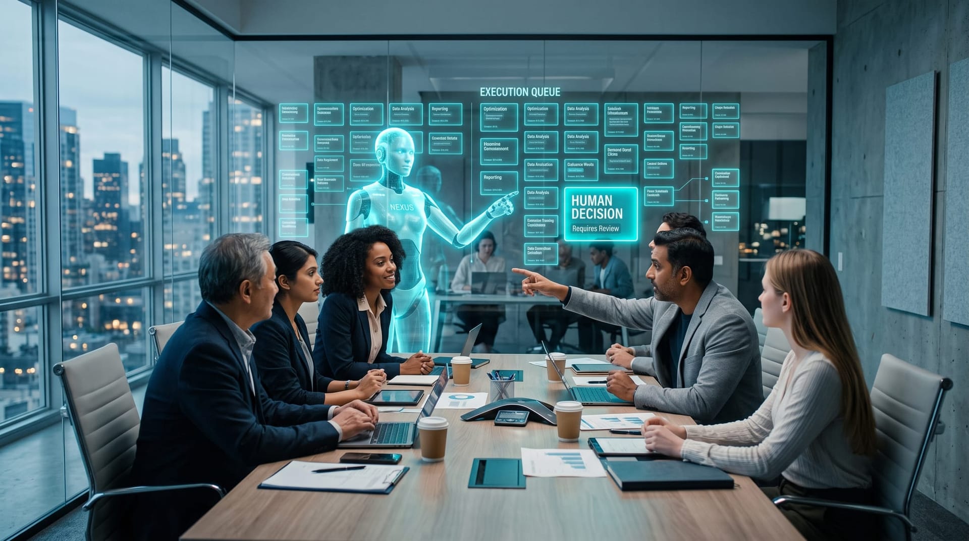 A business team directing a holographic AI Employee on bounded execution tasks while keeping the judgment calls for themselves