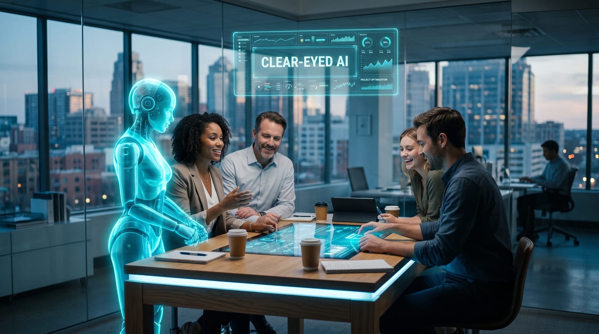 A Northeast Indiana business team collaborating confidently with a holographic AI Employee under a clear-eyed strategy panel