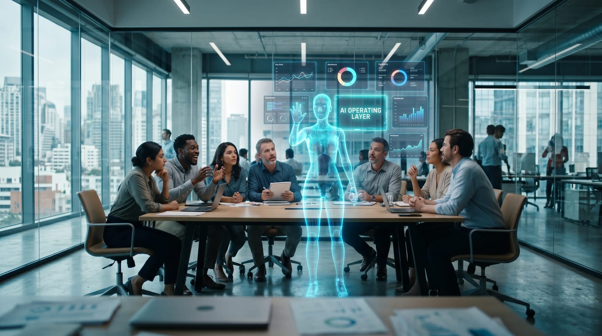 A diverse business team in a glass-walled office watching a translucent cyan holographic AI Employee operate floating app panels labeled AI OPERATING LAYER