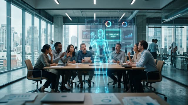 A diverse business team in a glass-walled office watching a translucent cyan holographic AI Employee operate floating app panels labeled AI OPERATING LAYER