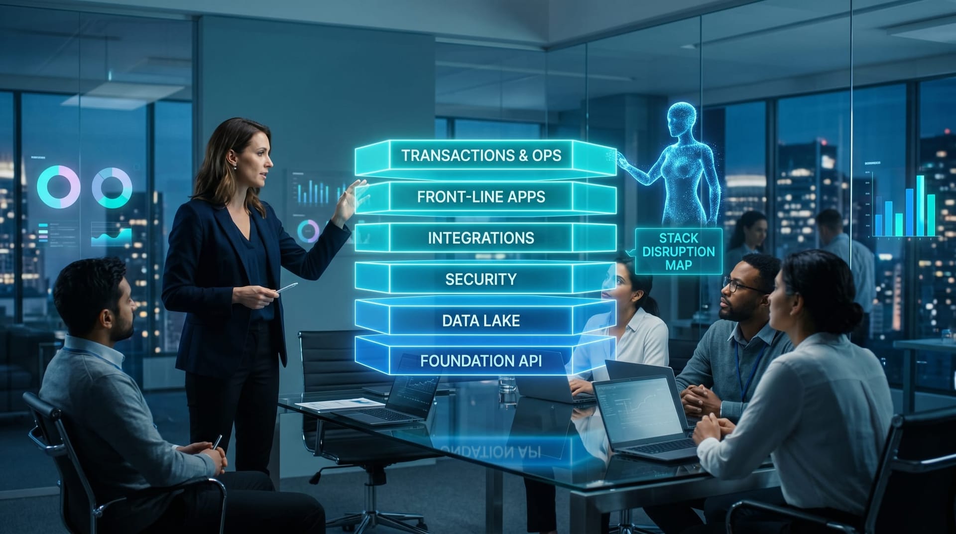 A holographic layered stack diagram of business software with each layer tagged for who operates it, used as an agentic stack-disruption planning map in a conference room