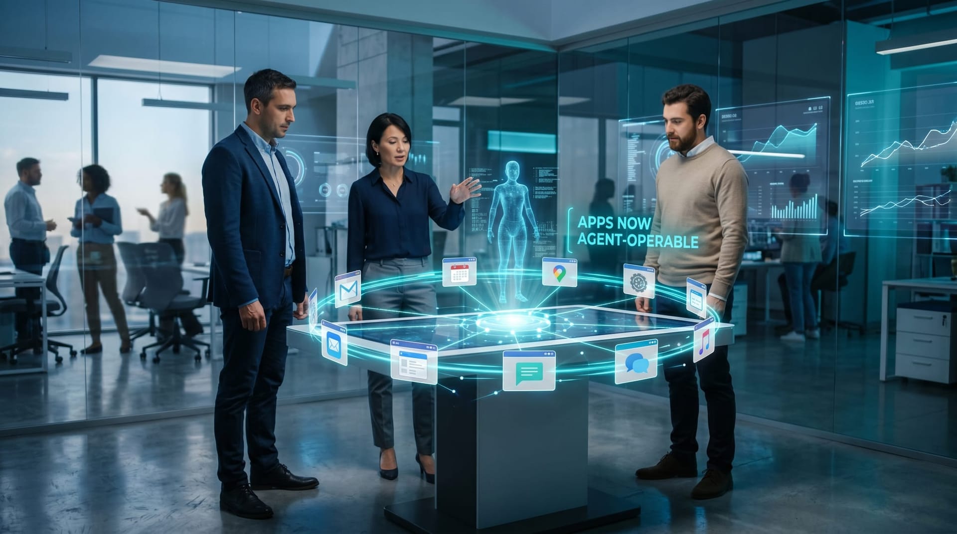 Colleagues at a standing desk watching app icons become addressable nodes wired to a glowing agent hub, representing apps made operable by AI agents through open protocols