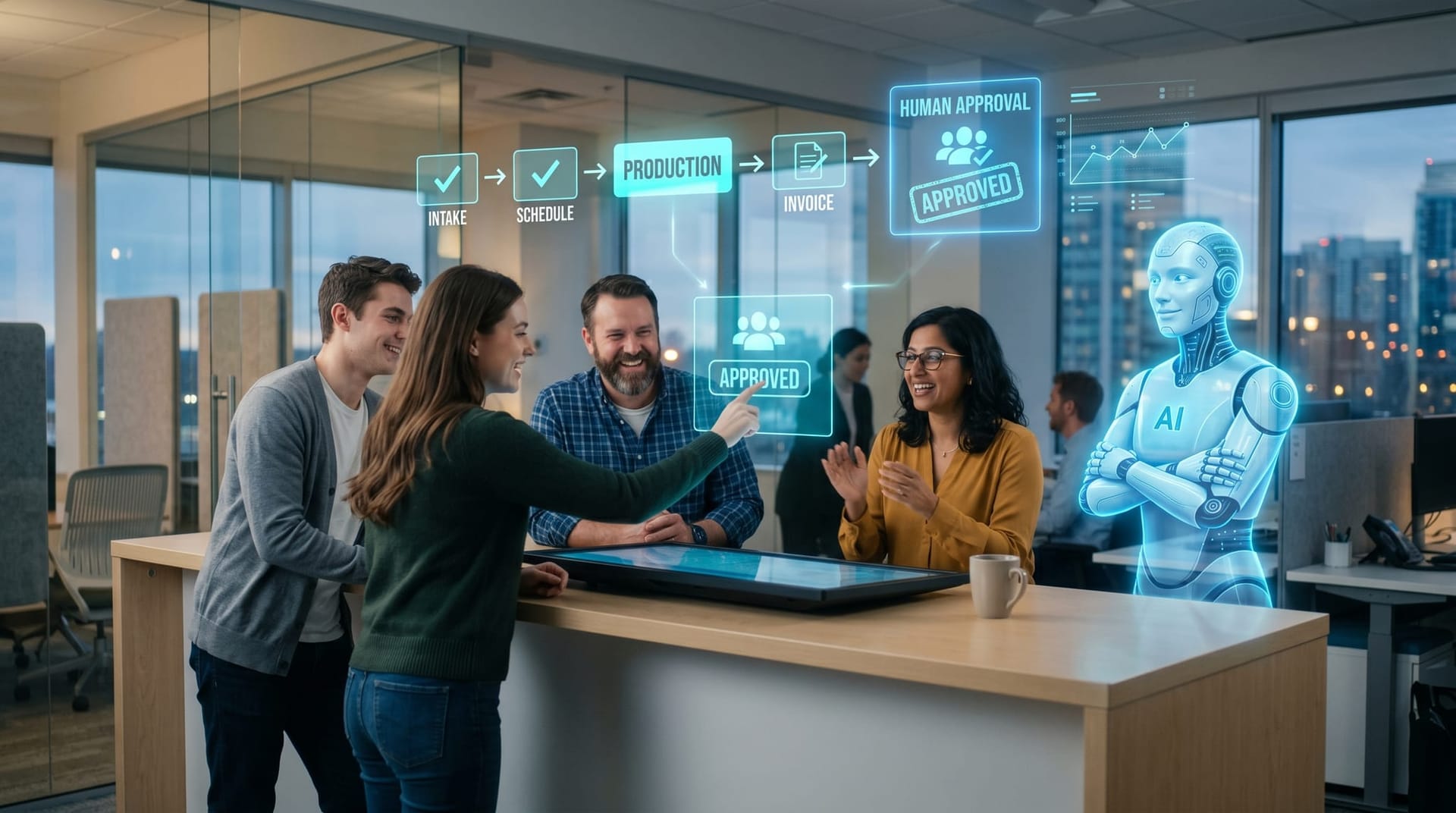 A small Northeast Indiana professional-services team approves an AI Employee booking and invoicing a job from one intent, shown as floating cyan workflow panels