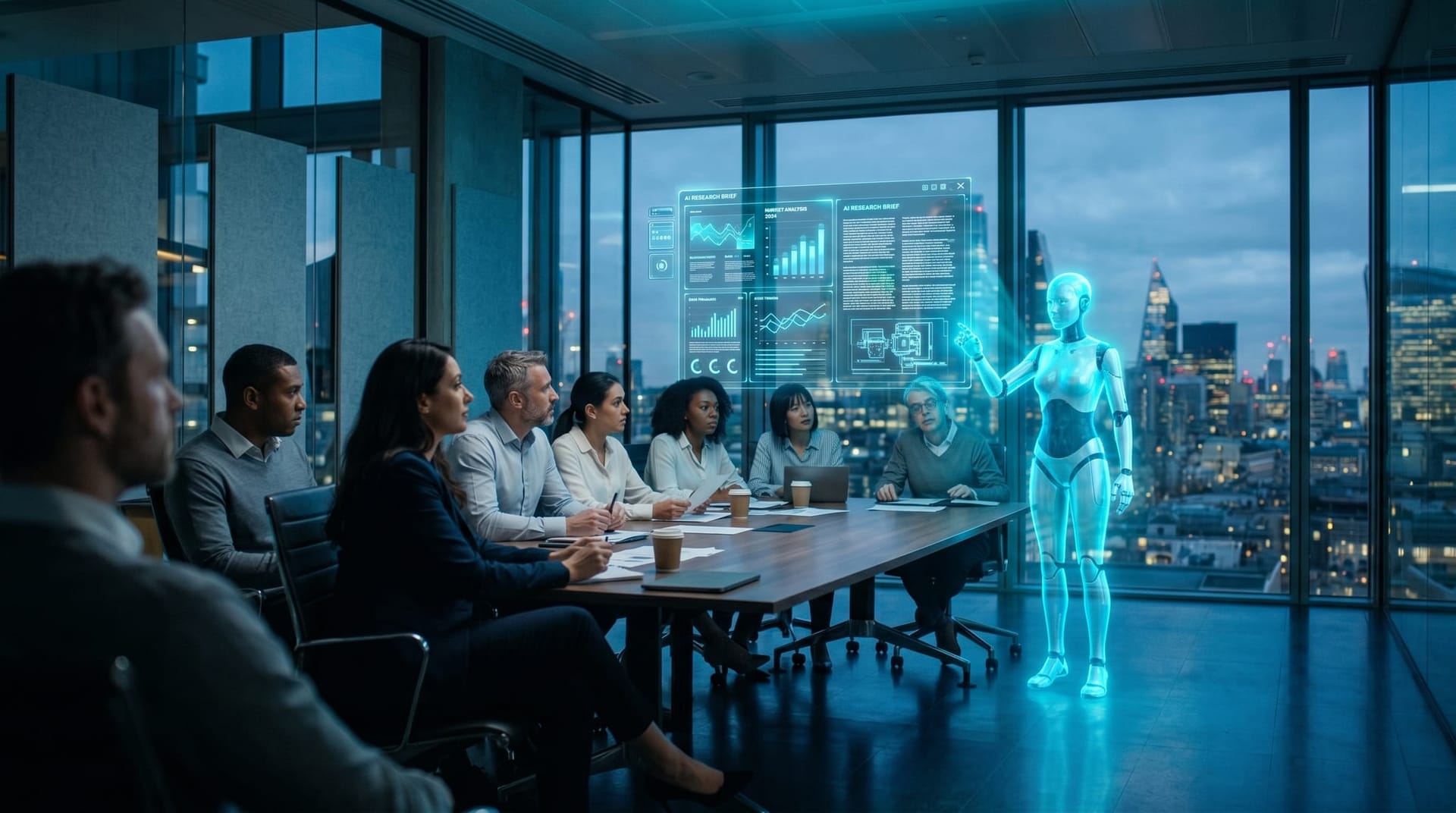 A mid-market business team reviewing a holographic AI research brief projected over a conference table by a translucent cyan AI Employee avatar.