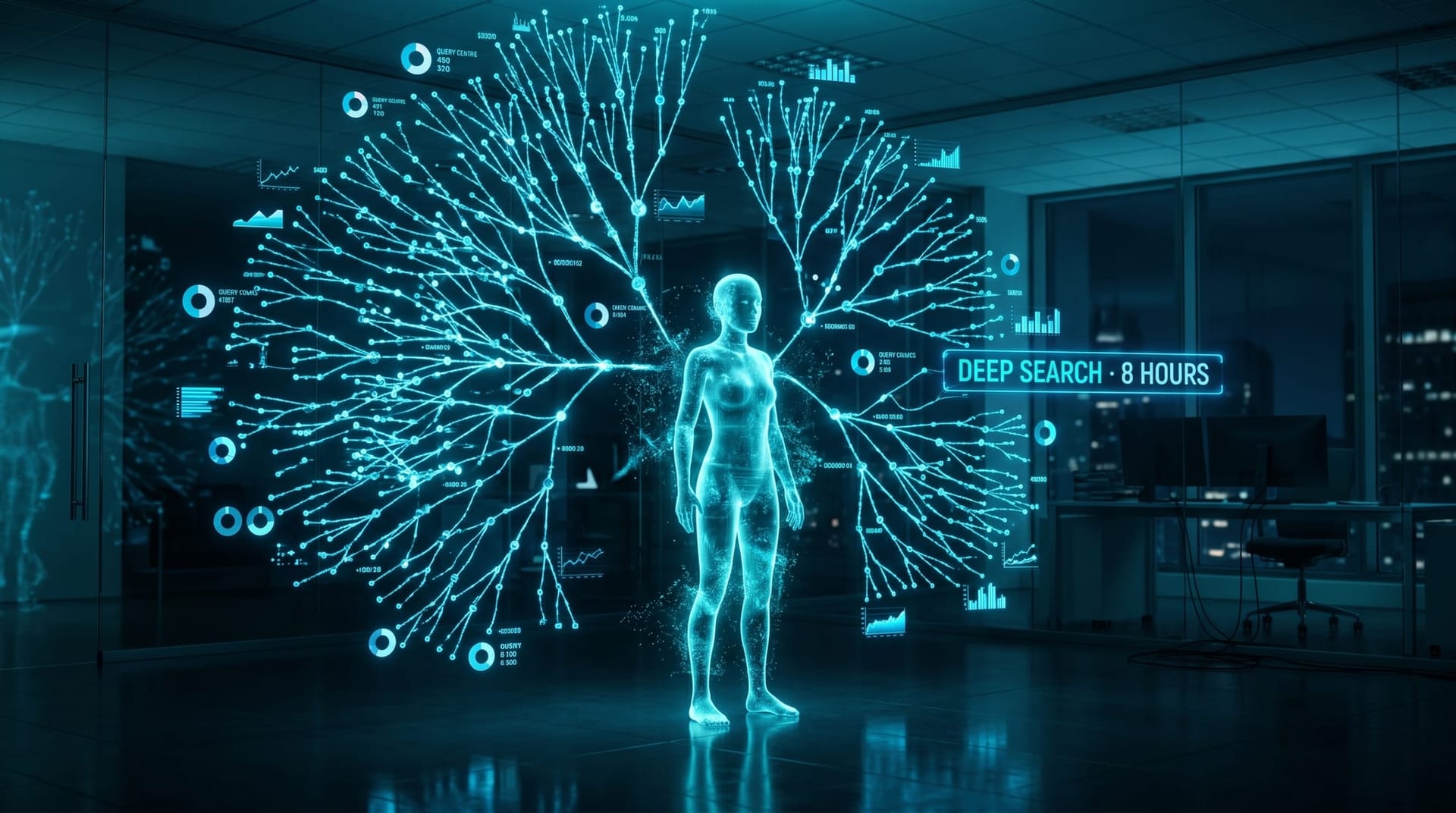 Translucent cyan AI Employee avatar surrounded by a branching tree of glowing query nodes, illustrating an 8-hour autonomous deep-research process.