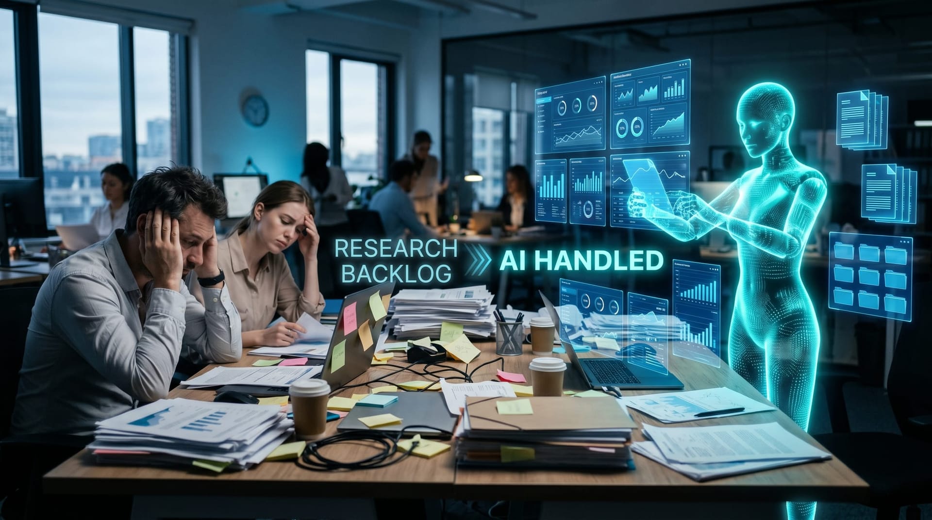 Two business colleagues at a desk overwhelmed by stacks of paperwork while a cyan holographic AI figure organizes the same documents into clean floating panels.