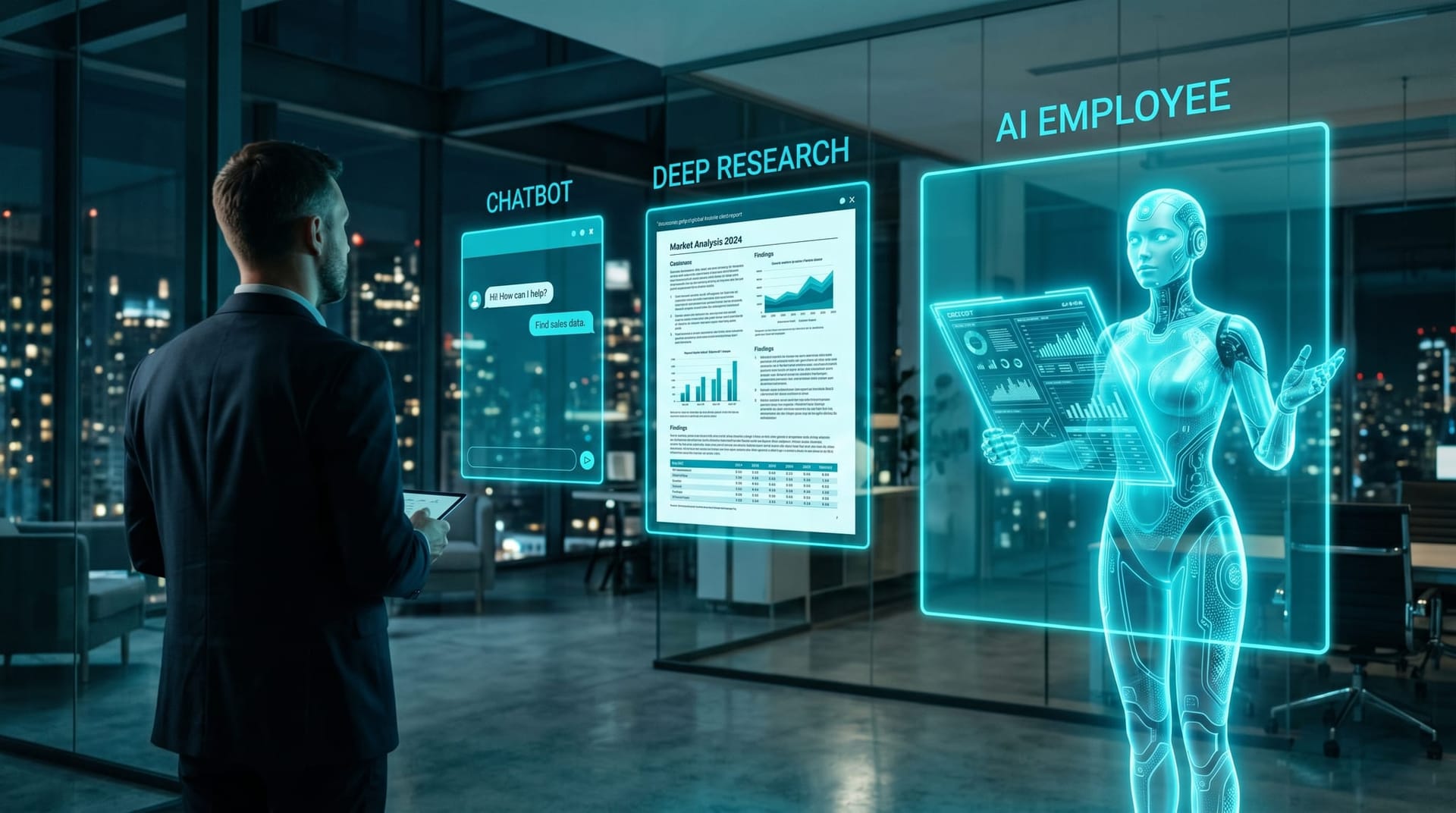 Three glowing cyan holographic panels of escalating size comparing a chatbot, a deep-research button, and a full research AI Employee avatar.