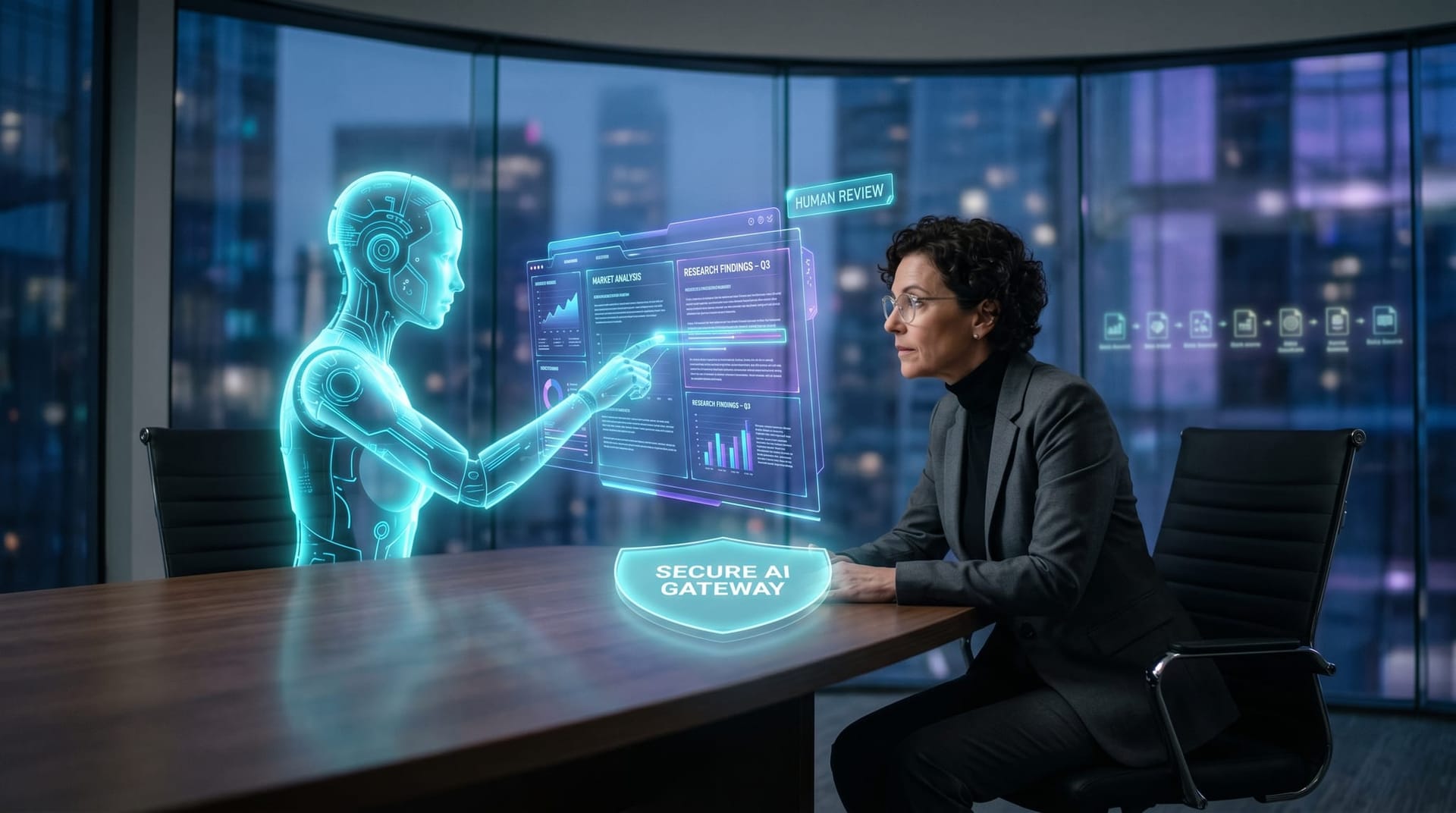 A business reviewer and a translucent cyan AI avatar examining a holographic research report together, with a glowing security gateway shield between data sources.