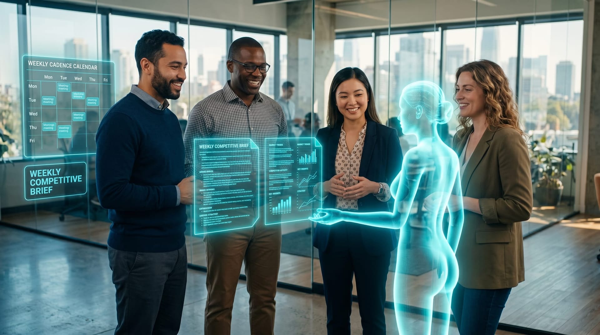 A small Northeast Indiana business team in a glass-walled office receiving a weekly competitive-intelligence brief from a translucent cyan AI Employee avatar.