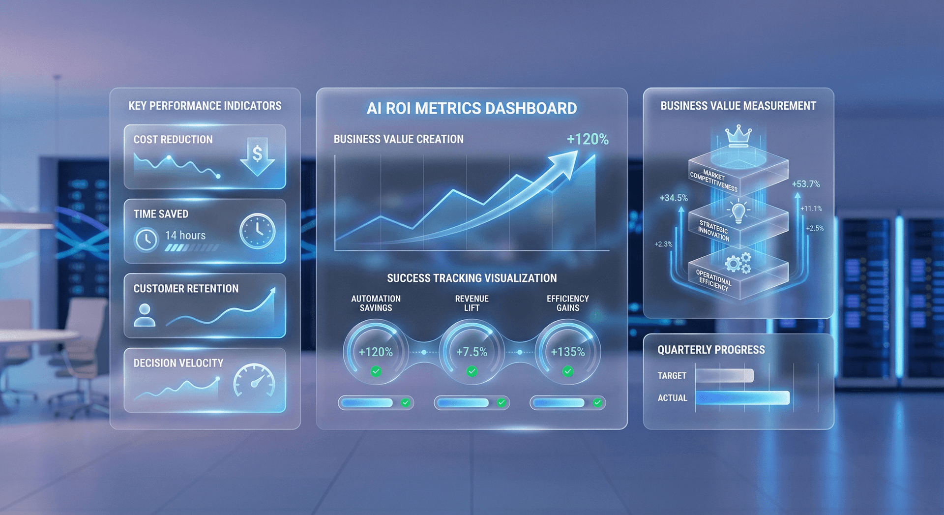 Key performance metrics dashboard for AI Employee ROI tracking showing calls handled, appointments booked, revenue attributed, and customer satisfaction scores