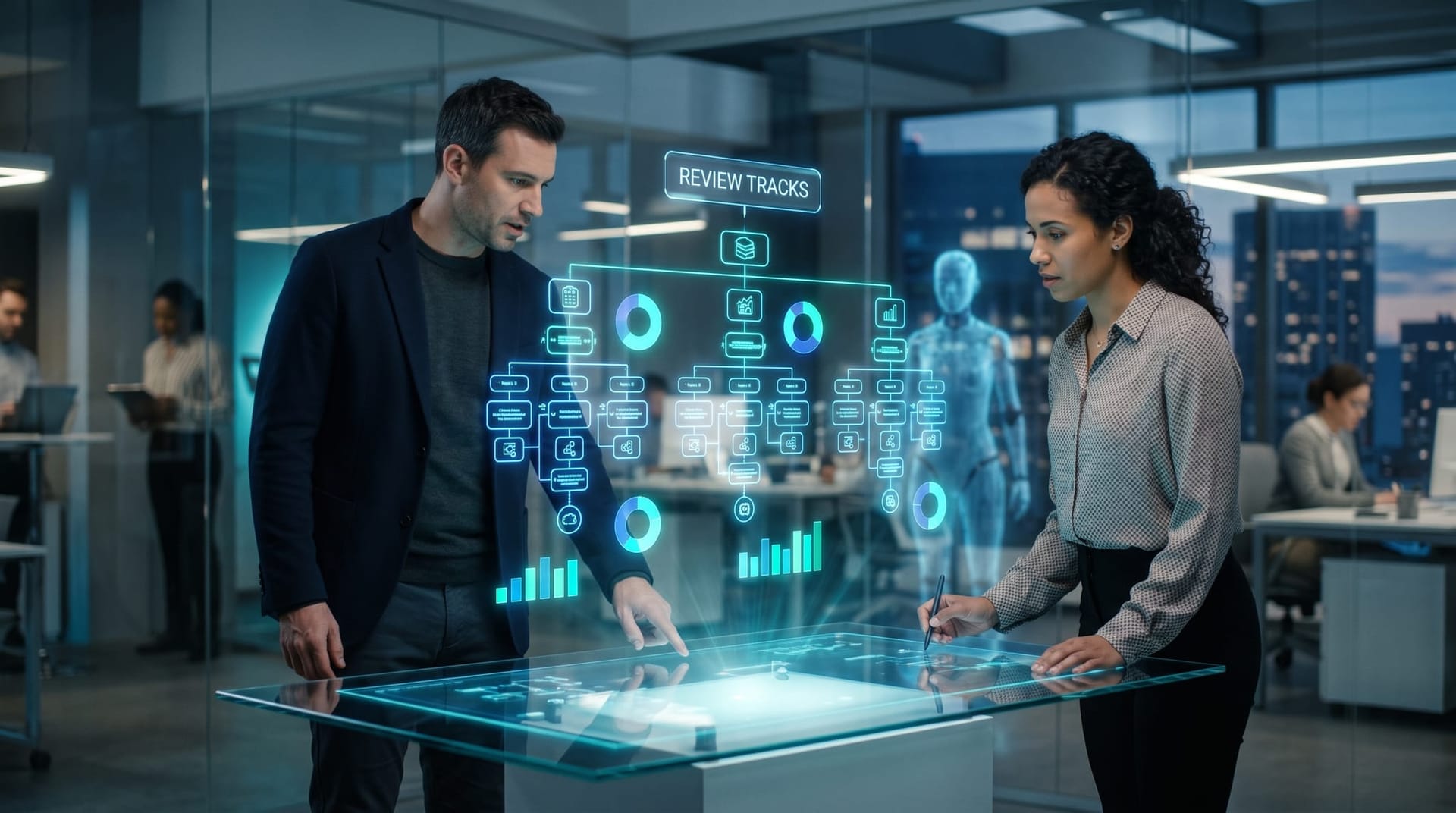 Holographic three-track review process flow with severity charts floating above a conference table as colleagues examine an AI incident report