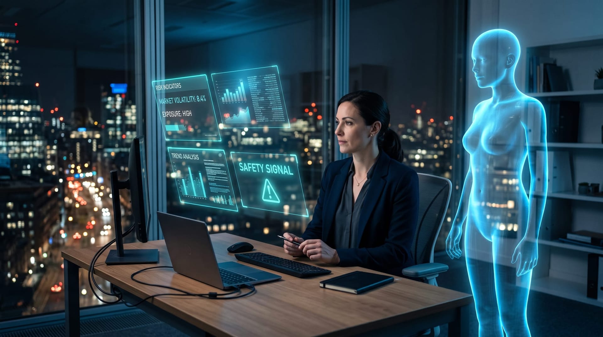 IT decision-maker studying floating AI risk-signal panels while a translucent cyan holographic AI employee stands nearby in a cool-lit office