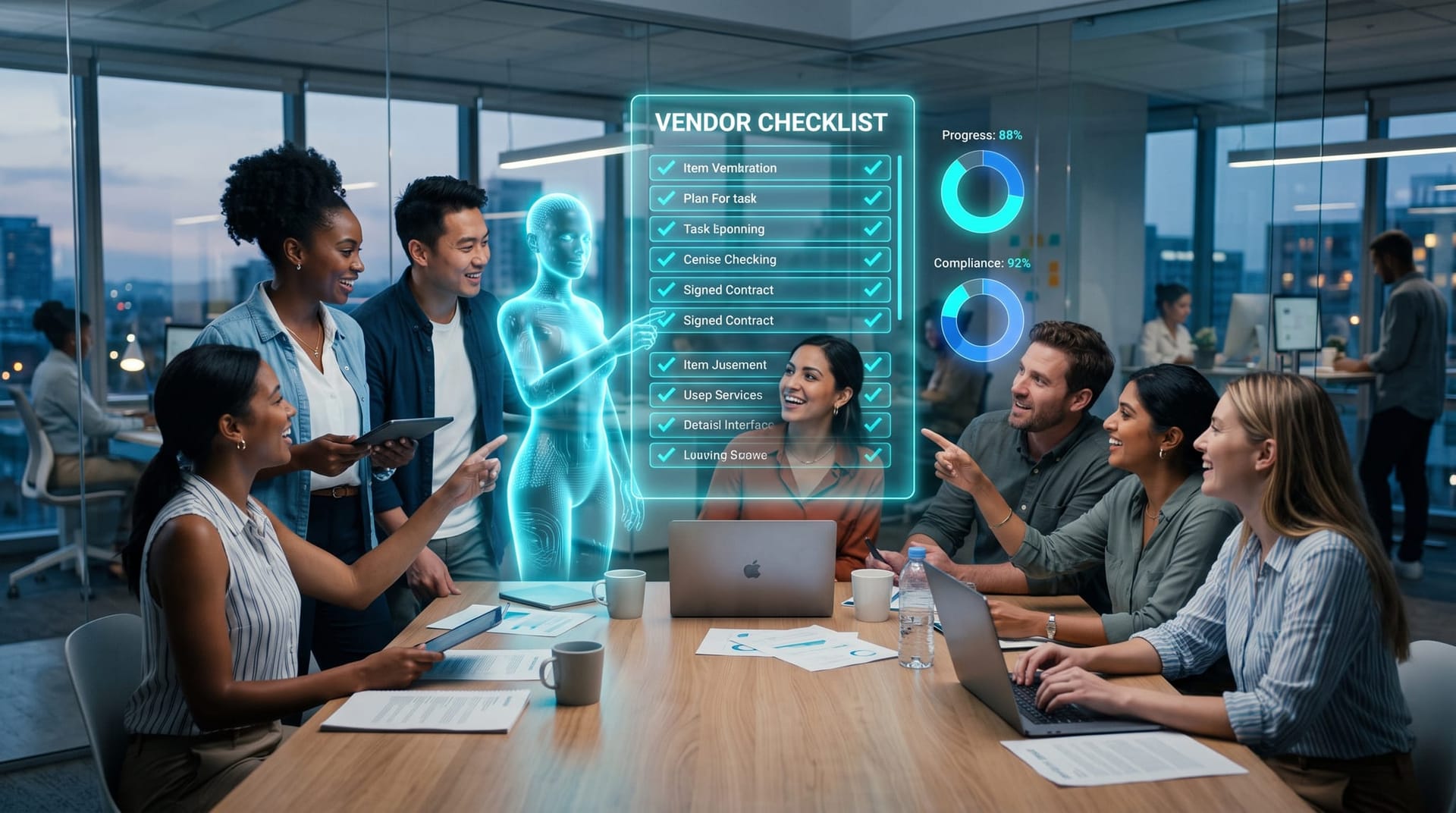 Team collaborating around a holographic vendor-transparency checklist with glowing checkmarks and a cyan AI employee gesturing at the panel
