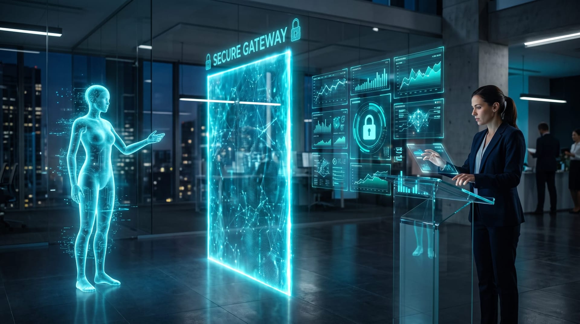 Secure AI gateway visualized as a glowing cyan barrier between a holographic AI employee and business data systems with a human approval gate