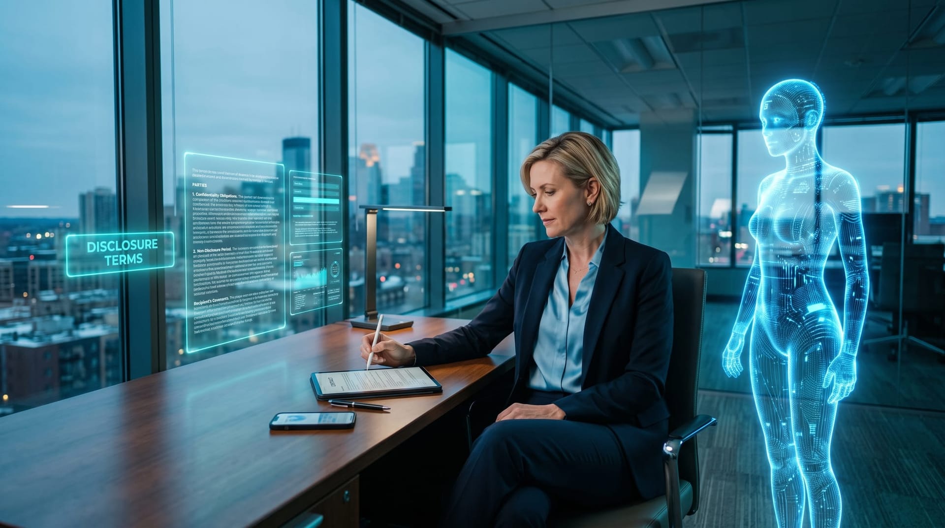 Northeast Indiana business owner reviewing an AI purchase agreement on a tablet with floating cyan disclosure panels and a holographic AI employee