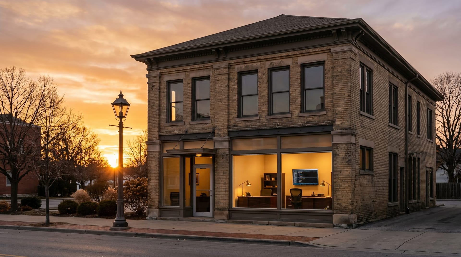 A quiet small-town main-street office at golden hour with a single lit interior visible through a tall front window, evoking mid-market AI Employee buyer readiness in NE Indiana.