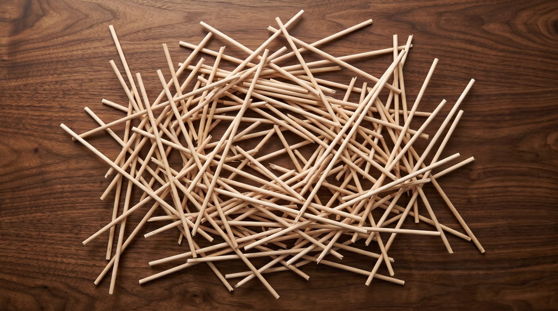 An overhead flat-lay of a precarious wooden scaffold of thin dowels collapsed across a polished walnut surface, evoking the structural collapse of the middle agentic AI scaffolding layer.