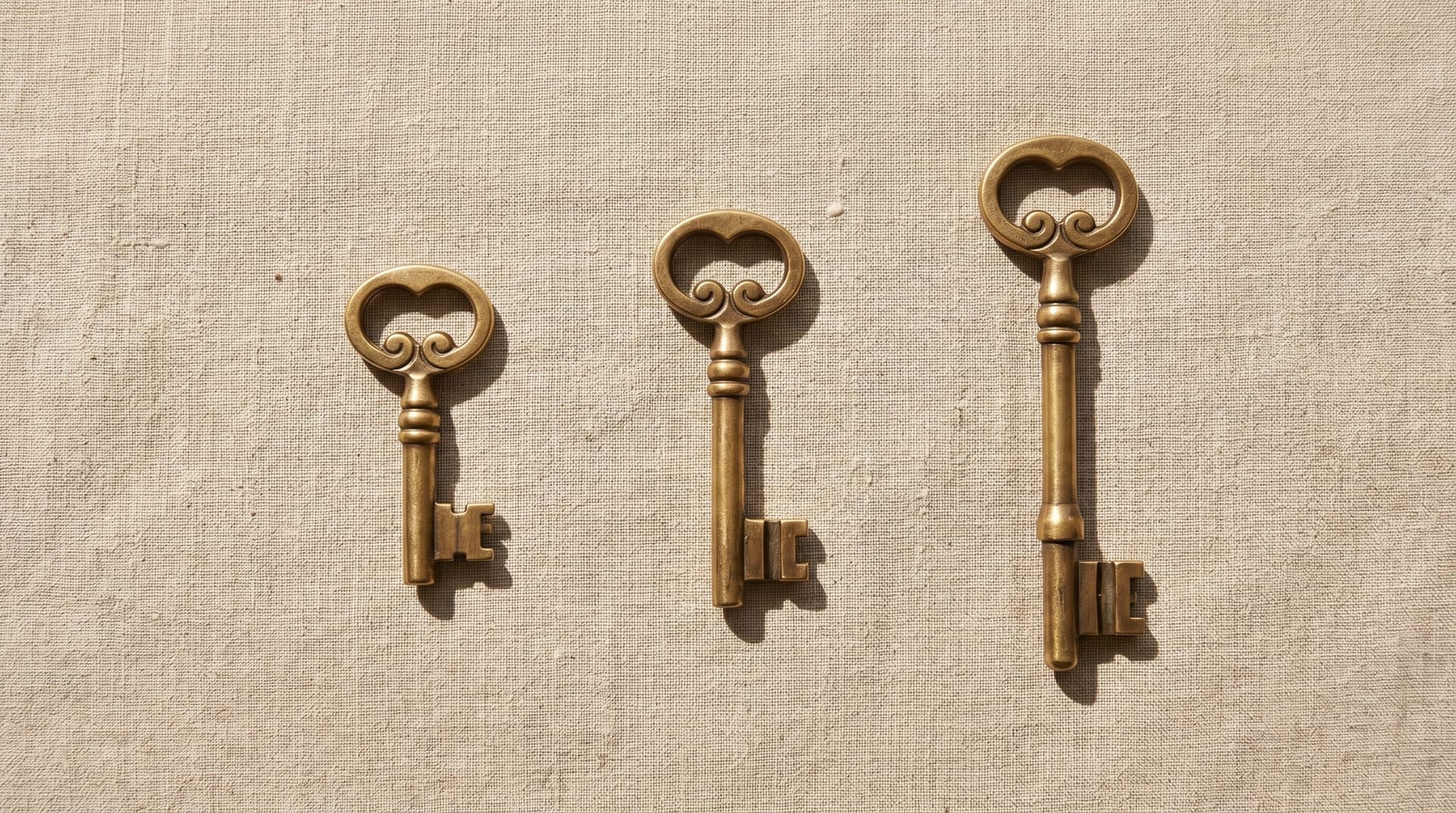 Three brushed-brass keys of different lengths arranged in a row on linen with deep shadows, representing the three rows of the AI Employee vendor moat test.