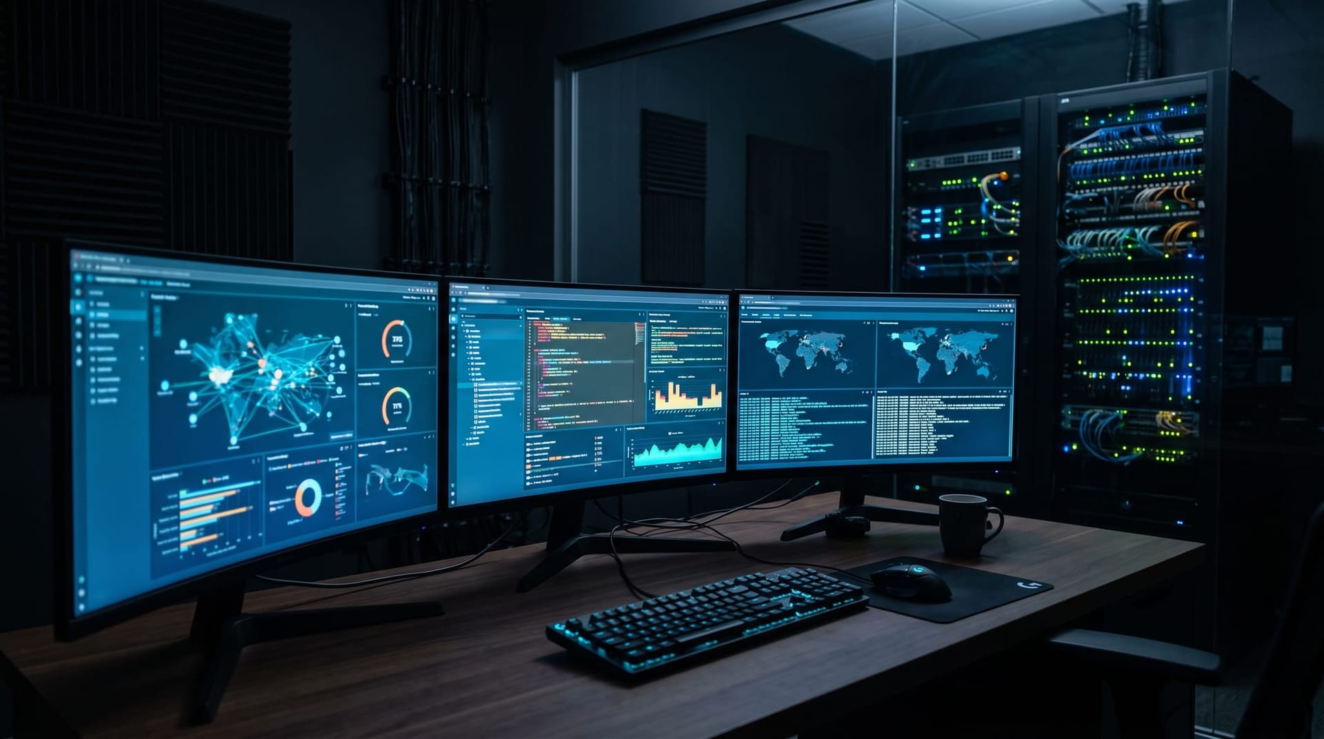 Cybersecurity operations center with monitors showing AI-driven vulnerability detection dashboards and code analysis results