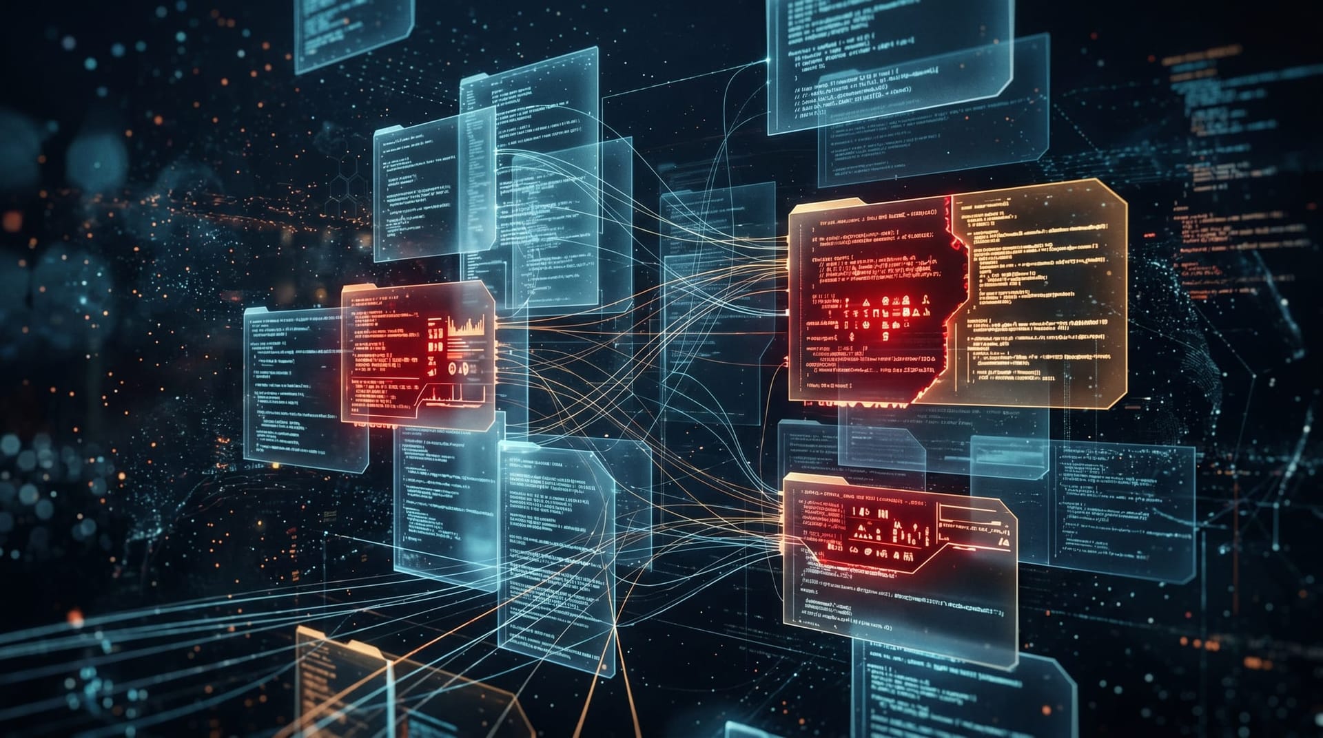 Abstract visualization of layered software code with highlighted vulnerability patterns showing AI-detected security flaws across multiple systems