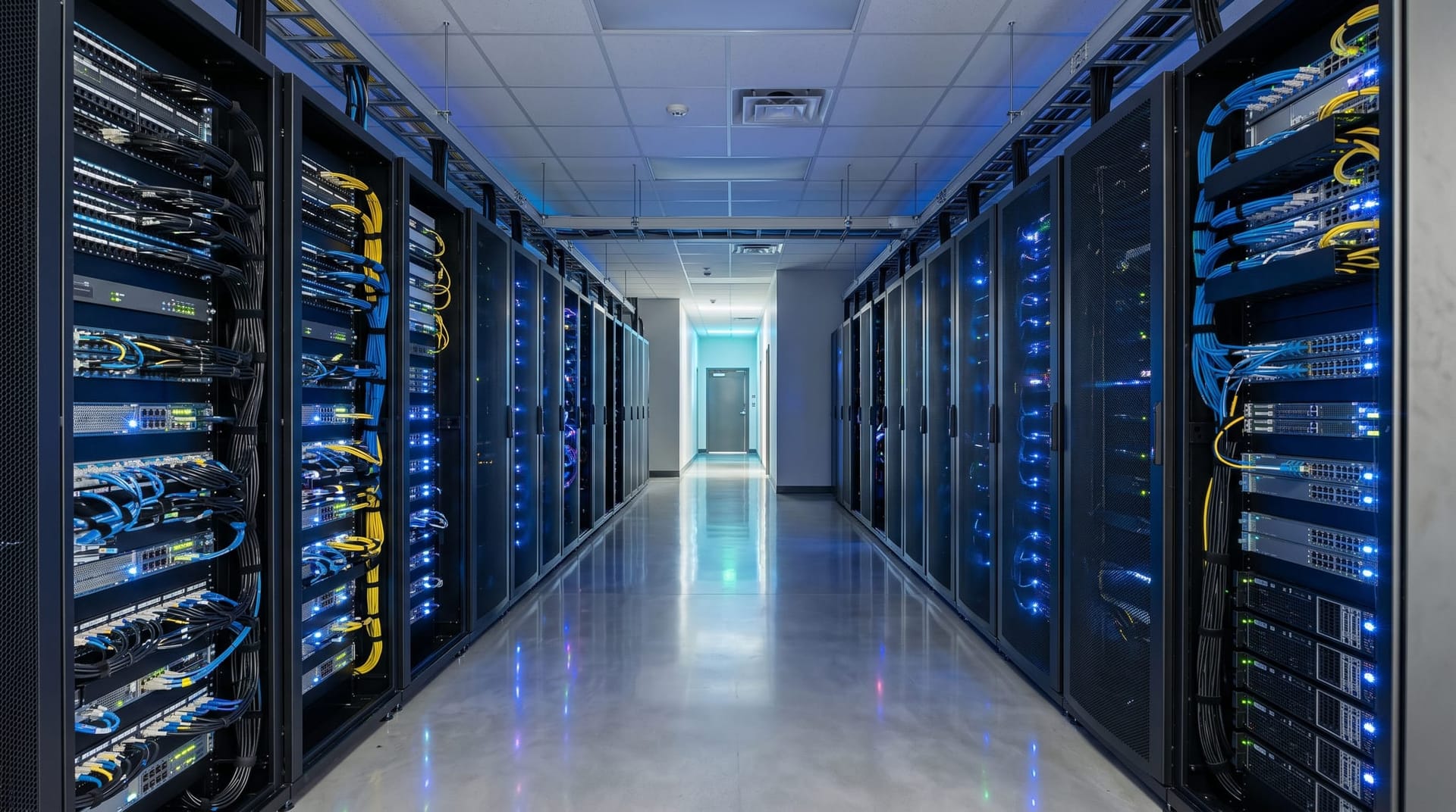 Secure server room with organized cable management and status indicator lights representing enterprise AI security infrastructure