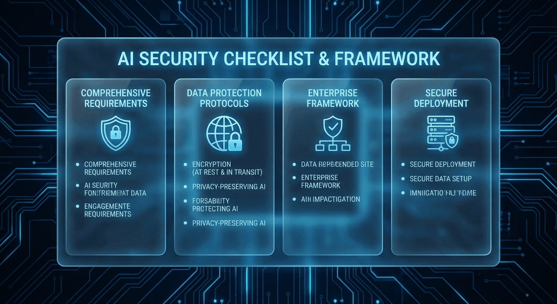 Comprehensive AI security checklist visualization showing critical safeguards businesses must implement before deploying AI Employees