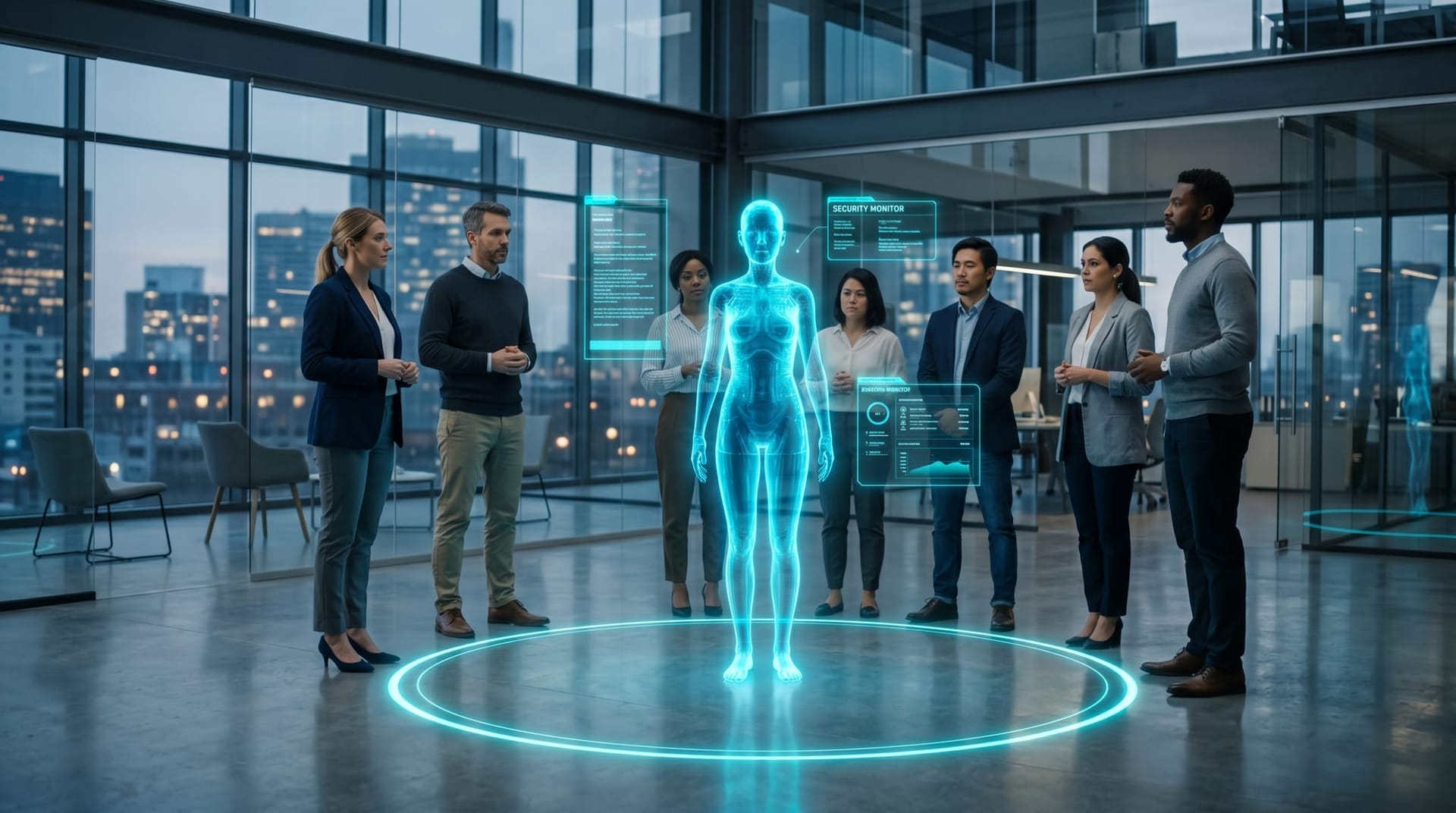 A translucent cyan holographic AI employee stands inside a single glowing security boundary as a business team reviews a floating panel reading SECURITY MONITOR in a glass office