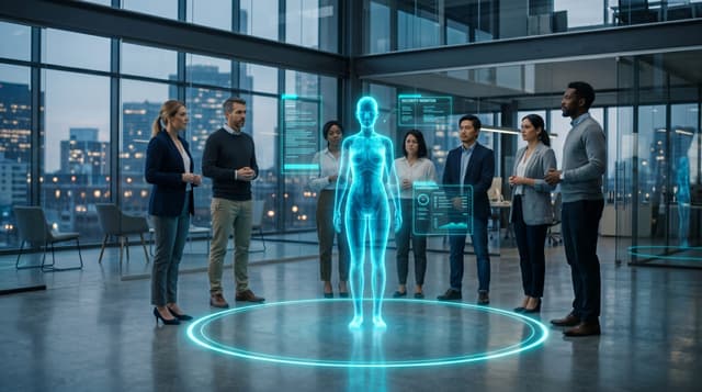 A translucent cyan holographic AI employee stands inside a single glowing security boundary as a business team reviews a floating panel reading SECURITY MONITOR in a glass office