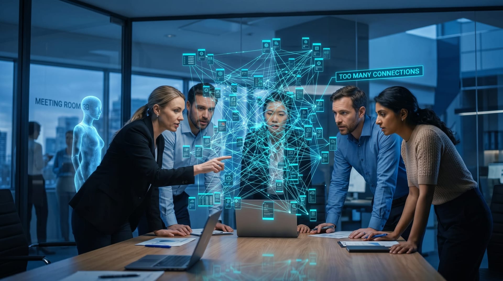 Tangled web of glowing cyan connection lines between many floating app panels above a conference table illustrating AI tool sprawl as an attack surface