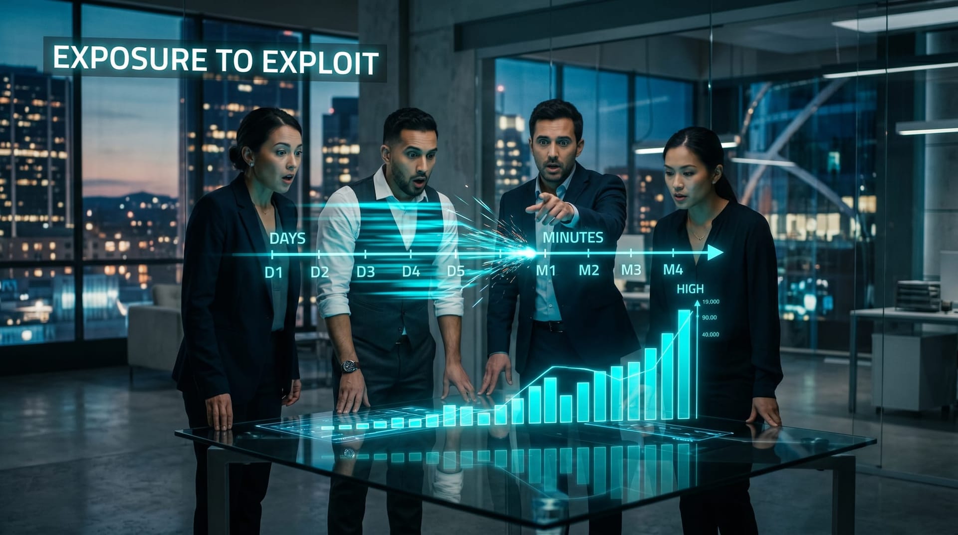 Business professionals watch a fast-moving cyan timeline graphic shrinking from days to minutes representing accelerating AI attack speed in a glass office