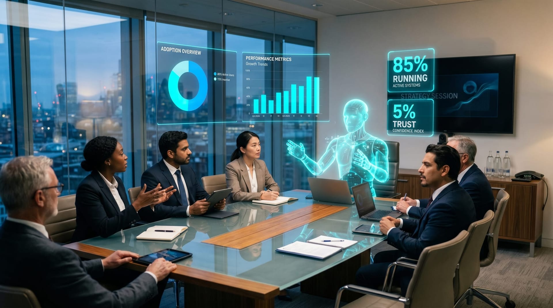 A translucent cyan AI employee gestures to floating dashboard panels showing 85 percent and 5 percent adoption-versus-trust gap above a boardroom table