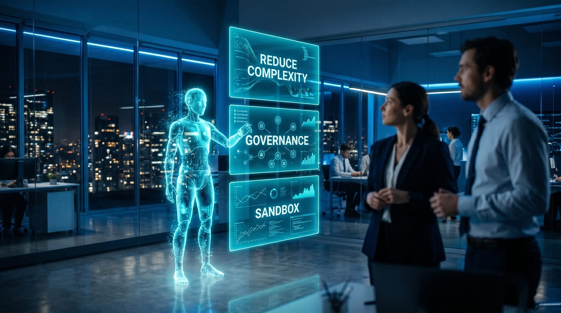 Three labeled glowing cyan layers stacked behind a single AI employee figure showing sandbox, governance, and complexity reduction in a modern office